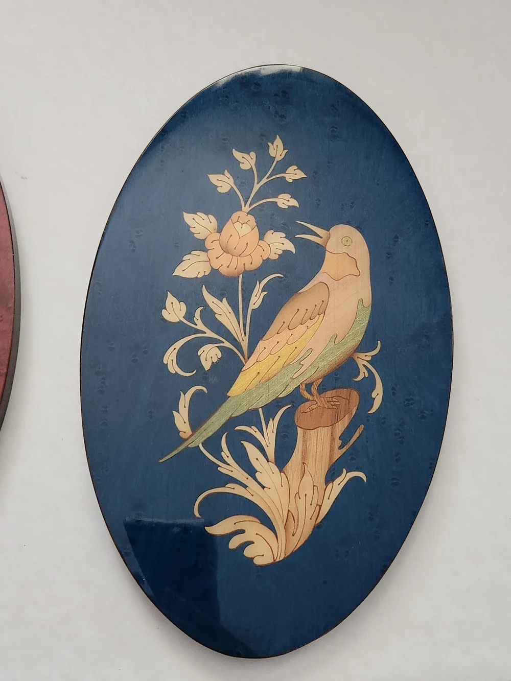 Two A. Stinga Inlaid Wood Birds Oval Plaques Sorrento Italy Blue Burgandy
